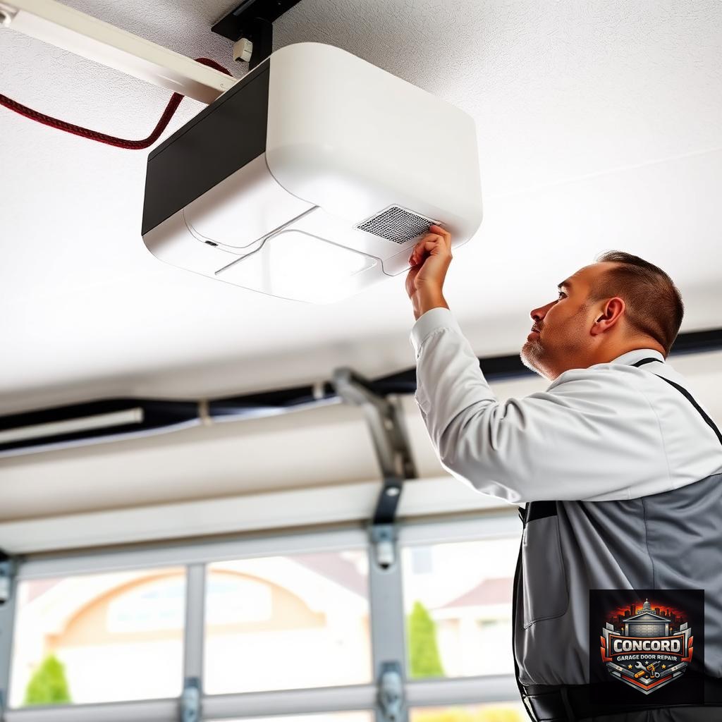 Technician inspecting a modern garage door opener motor mounted on a garage ceiling in Concord, NC