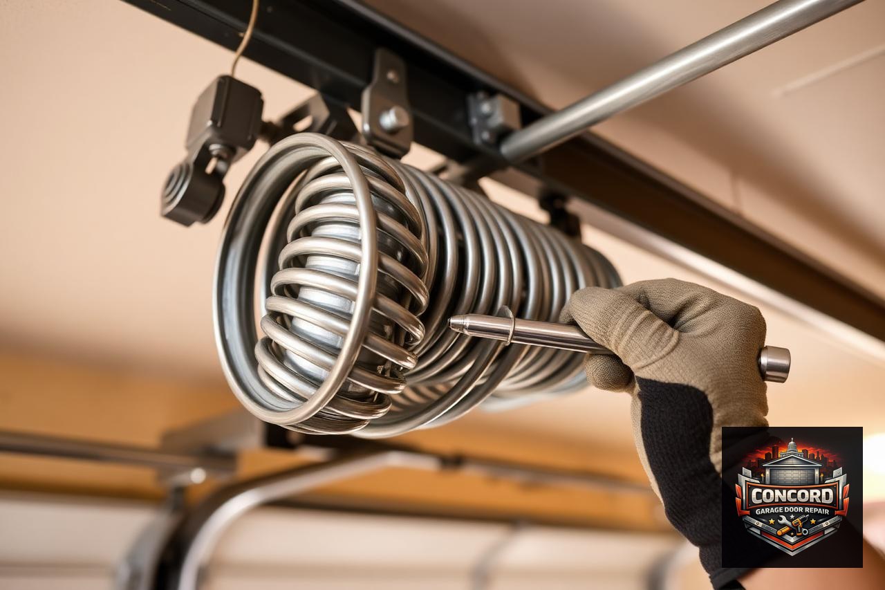 Technician winding a new garage door torsion spring during a garage door spring replacement in Concord, NC