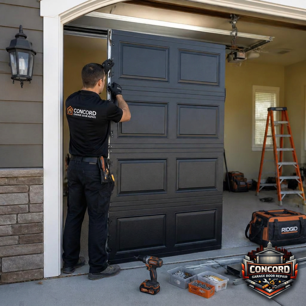Technician installing a modern residential garage door in Concord, NC
